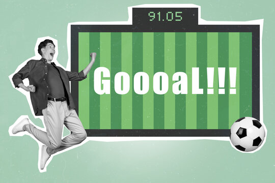 Creative collage of energetic active soccer fan rejoice his favorite team scored goal creative artwork isolated on blue color background - Powered by Adobe