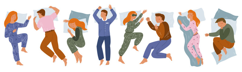 People sleep poses. Sleeping guys and girls. Different slumbering positions top view. Men and women lying in beds. Pajamas and bedding linen. Sweet dreams. Night rest. Garish vector set