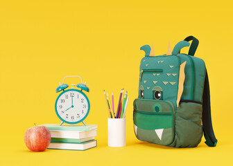 School stationery items on yellow background with free space for text. Creative, colourful background with school supplies. Layout with copy space. School bag, backpack, pencils, books. 3D rendering.