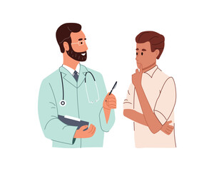 Smiling adult male doctor in medical uniform talking to young doubting male patient. Man physician asking question and writing on tablet. Flat vector illustration isolated on white background