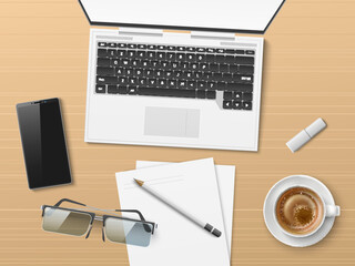 Realistic office workplace top view. Laptop and documents on desktop. Coffee cup. Smartphone and eyeglasses. Notepaper sheets on table. Manager workspace. Computer keyboard. Vector concept