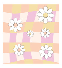 Abstract retro print with groovy daisy flowers. Vintage floral card  with checkered background