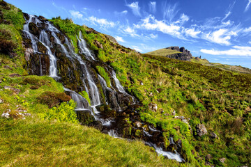 Fairy-tale landscape, Brides Veil Falls and Old Man of Stor, Isle of Skye, Scotland
