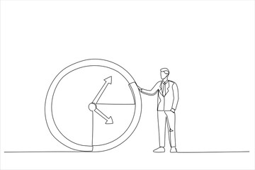Drawing of businessman or manager is standing near a big clock. Time management concept. Single line art style