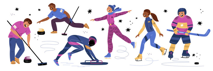 Winter sports games athletes. Cartoon people on ice. Figure skaters. Bobsledders and hockey player in uniform. Professional competition. Man play curling. Garish vector sportsmen set