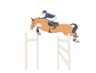 Equestrian sports, show jumping. An athlete on a horse overcomes a high and wide obstacle