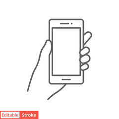 Hand holding smartphone icon. Simple outline style. Hold mobile phone with white screen. Thin line vector illustration isolated on white background. Editable stroke EPS 10.