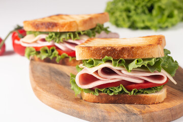 Close-up photo of an American club sandwich. Fast food concept. 