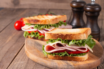 Close-up photo of an American club sandwich. Fast food concept. 