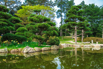 Fototapeta na wymiar Idyllic landscape of Japanese garden. Traditional japanese stone garden for meditation