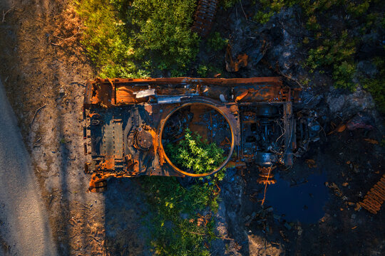 The war in Ukraine, Destroyed and burned russian battle tank of the Russian invaders in Ukraine 2022, Kiev region