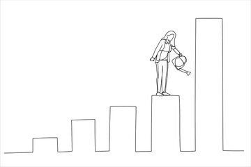Cartoon of ambitious businesswoman pouring water to grow graph plant. Grow your business, investment profit, growth. Continuous line art style