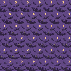Vector seamless purple pattern with bats and the moon
