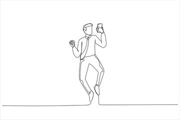 Illustration of man standing isolated over white background, using mobile phone, celebrating, jumping. One continuous line art style