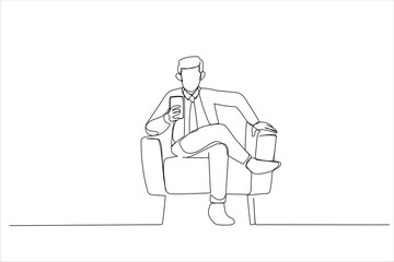 Illustration of man using smartphone advertising new mobile application, texting online sitting in armchair. One line art style