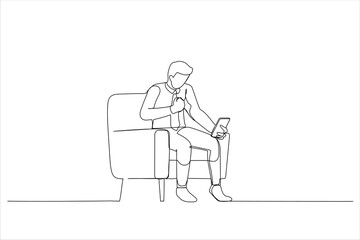 Drawing of young man wearing a suit using his phone feeling excited and rejoices while looking at the phone. Single line art style