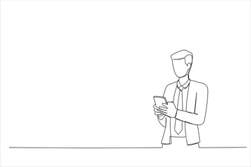 Drawing of business man using cell phone. Having Conversation, typing sms or presenting. Single line art style