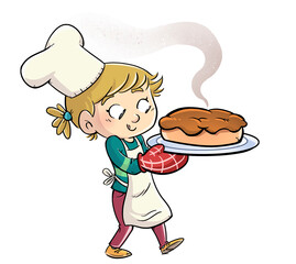 Illustration of little cook girl with cake - obrazy, fototapety, plakaty