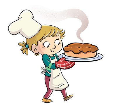 Illustration of little cook girl with cake