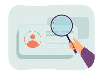 Hand of manager examining ID card of worker under magnifier. Employer or boss checking resume of candidate flat vector illustration. Employment, identity, hiring concept for banner or landing page