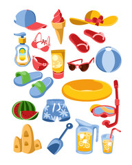 Summer vacation or beach elements for kids illustrations set. Collection of objects for trip to sea, sunglasses, clothes, slippers, ball isolated on white background. Summer, recreation concept
