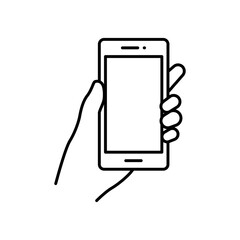 Hand holding smartphone icon. Simple outline style. Hold mobile phone with white screen. Thin line vector illustration isolated on white background. EPS 10.