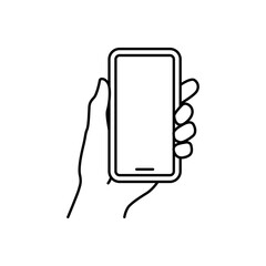 Hand holding smartphone icon. Simple outline style. Hold mobile phone with white screen. Thin line vector illustration isolated on white background. EPS 10.