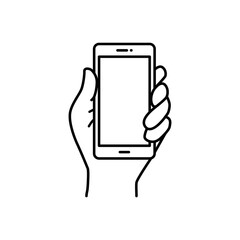 Hand holding smartphone icon. Simple outline style. Hold mobile phone with white screen. Thin line vector illustration isolated on white background. EPS 10.