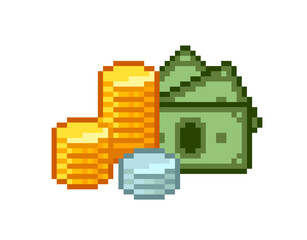 Fototapeta premium Pixel Art Cash Money and stack of coins vector icon. Pixel golden coins with banknotes, cash money. Video game icon in retro 80s - 90s style. Vector illustration
