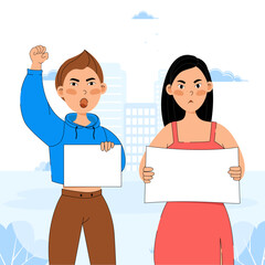 Different people are holding placards, Vector illustration of people holding signs, banner and placards on a protest demonstration or picket. People against violence, pollution, discrimination, human 