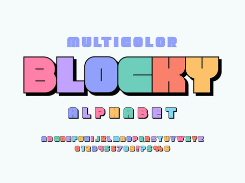 Vector of stylized blocky alphabet design with uppercase,  numbers and symbols