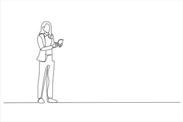 Cartoon of businesswoman typing on a mobile phone. Continuous line art