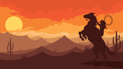 Flat western background, landscape cowboys in desert horse and girl silhouette - obrazy, fototapety, plakaty