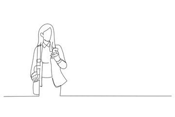 Cartoon of young businesswoman looking at messages on cellphone while walking in the street in downtown. Continuous line art style