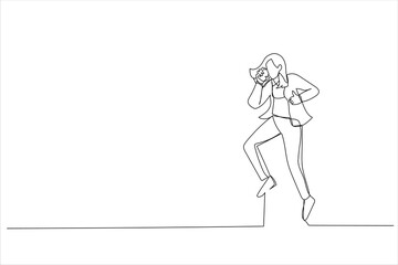 Cartoon of young business woman in the office. Continuous line art style