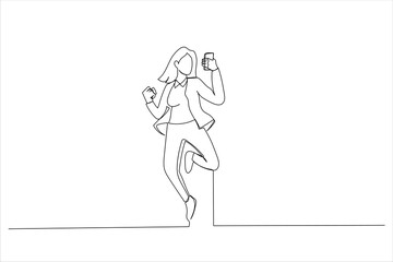Illustration of woman standing isolated over white background, using mobile phone, celebrating, jumping. One continuous line art style