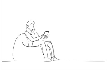 Cartoon of young woman sitting comfy soft armchair holding telephone chatting colleagues. Single continuous line art style