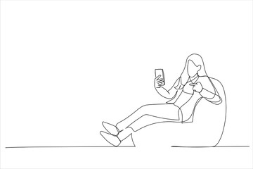 Illustration of young businesswoman sit in bag chair hold use pointing index finger on mobile cell phone. One line art style
