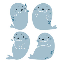 vector cartoon set of funny cute fur seals in various poses isolated on white background. useful for web, graphic design, print, patterns, wallpapers, baby products, aquarium, swimming pool, bathroom
