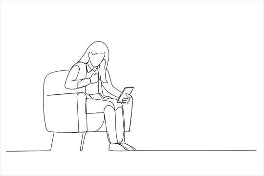 Drawing of young business woman wearing a suit using his phone feeling excited and rejoices while looking at the phone. Single line art style