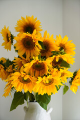 A bouquet of large beautiful sunflowers in a light room in a vase