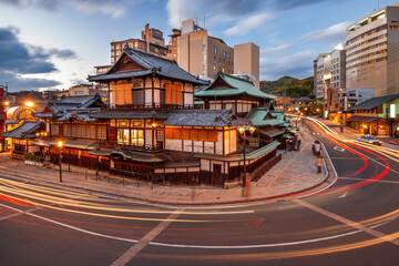 Dogo Onsen in Matsuyama, Ehime, Japan at dusk.