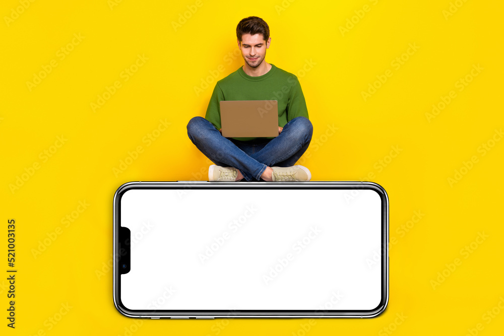 Aufkleber full length body size view of attractive focused guy using laptop sitting on copy space isolated ove