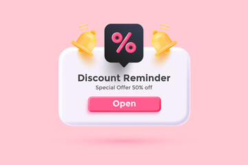 Notification or message about a gift coupon for the purchase or subscription of a product. Discount pop up box with a percent sign and a bell. 3d vector illustration - 521003171