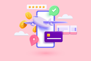 Travel time. Payment for ticket for flight airplane online via mobile phone. Plane in smartphone. Creative idea with realistic 3d design. 3d Vector illustration