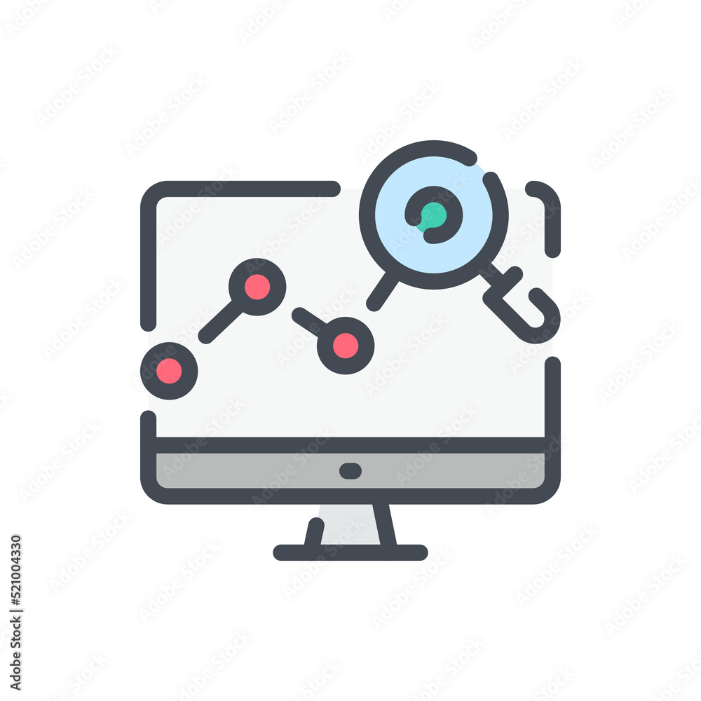 Poster computer with graph chart and magnifier glass color line icon. online statistics and analytics repor