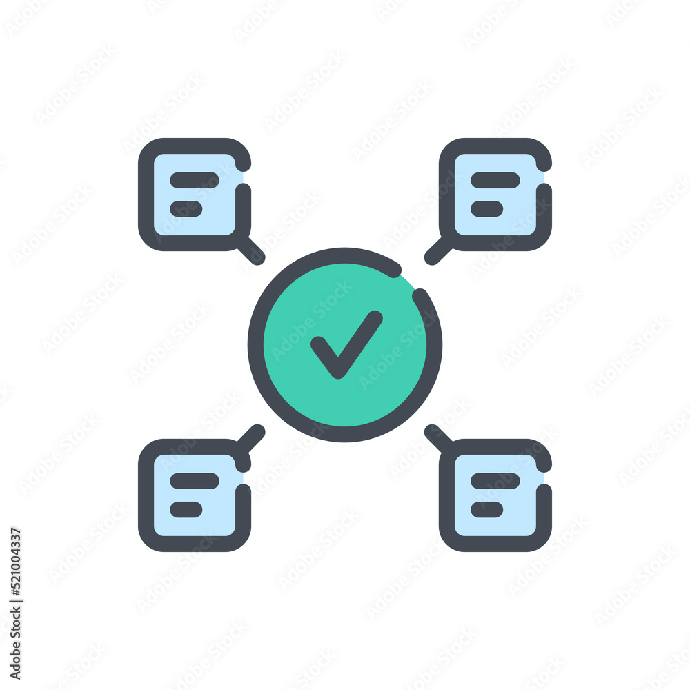 Poster comments approval and text confirmation color line icon. chat boxes and check mark in circle vector 