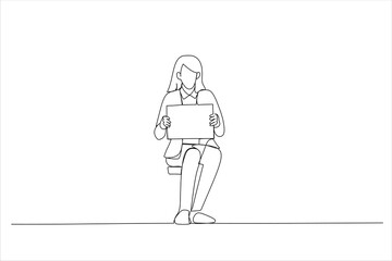 Cartoon of beautiful young business woman sitting and holding a blank billboard. Continuous line art