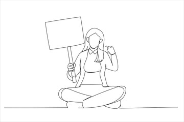 Illustration of young woman holding blank poster. One continuous line art style