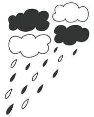Vector monochrome illustration of four clouds and rain drops isolated on white background.